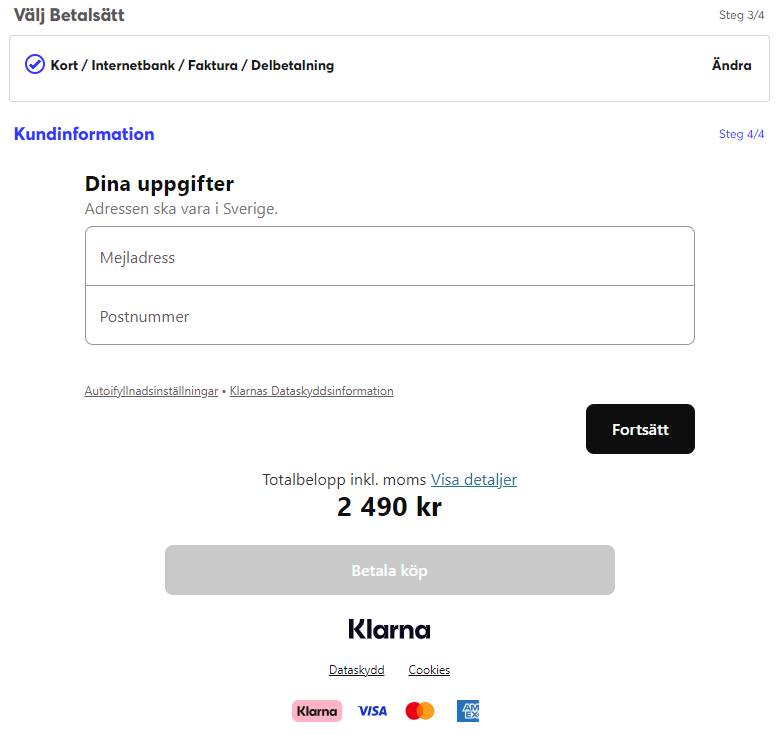 En screenshot av betalning med Klarna